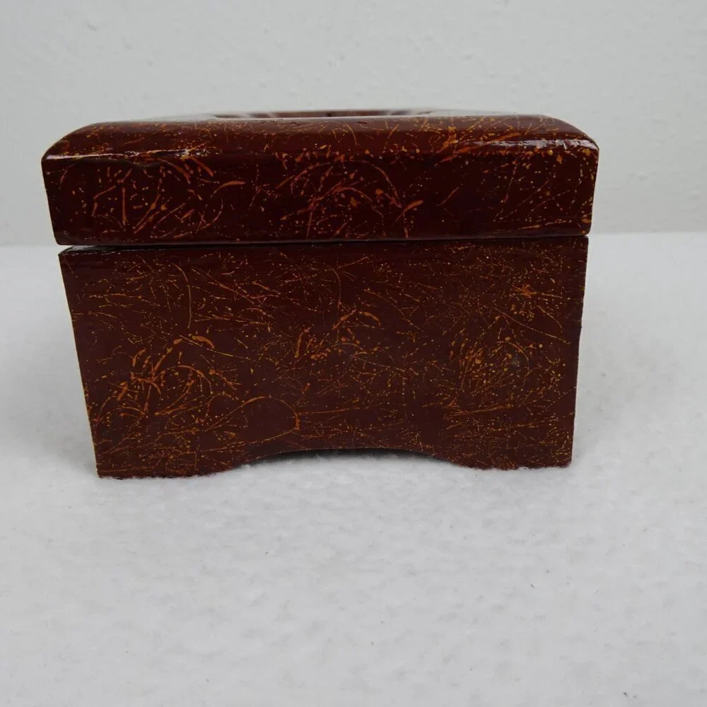 Vintage Asian Jewelry Box Lacquered Carved Diorama Art Inset Pagoda Lined